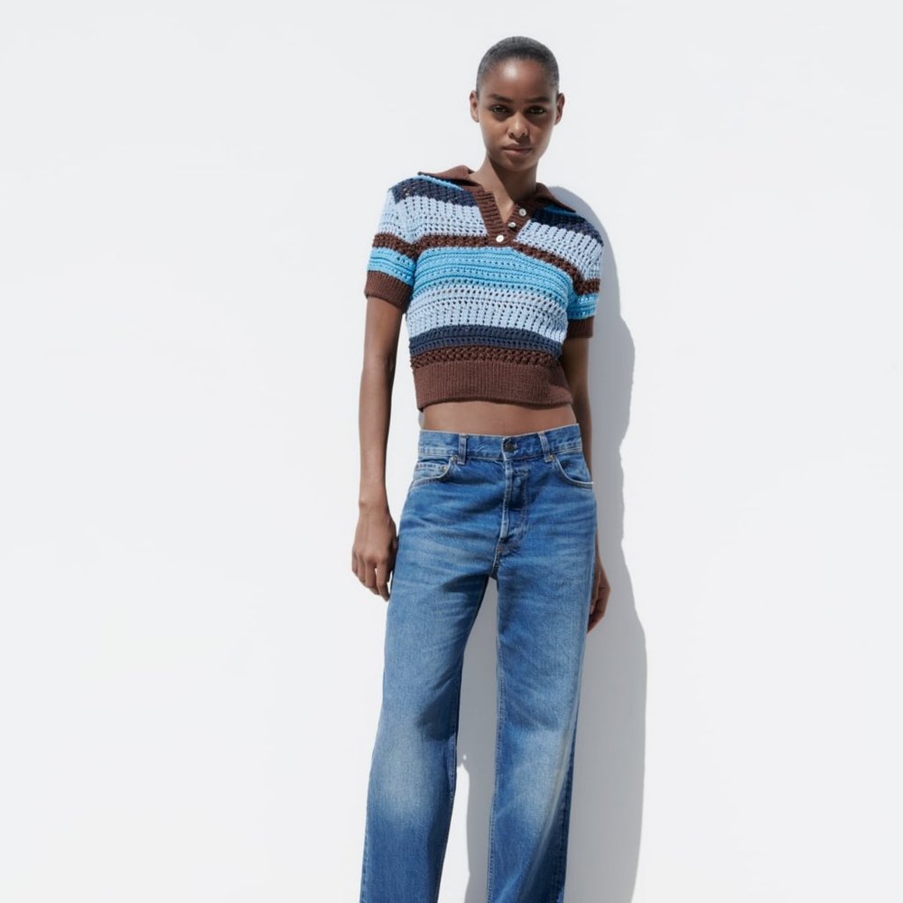 Zara Pointelle Knit Polo Top NWT